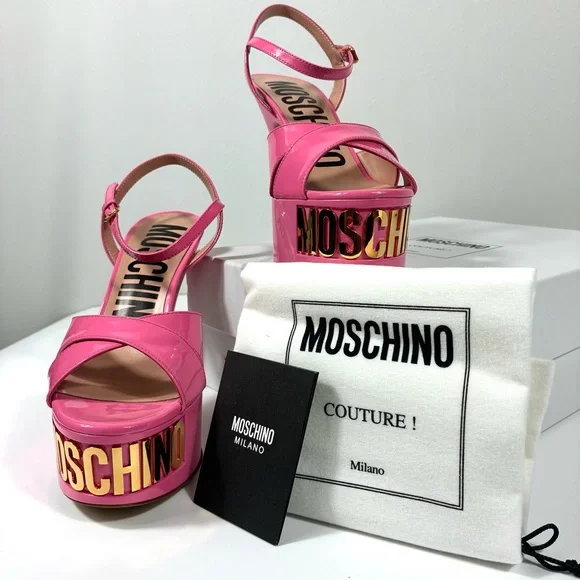Moschino Logo Leather Platform Stiletto Sandals Heels Pink Gold NEW